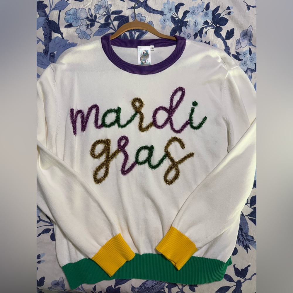 QUEEN OF SPARKLES Mardi Gras Sweater - White, Purple, Green, Gold